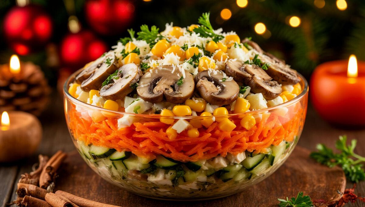Салат с курицей и грибами, который впечатлит на новогоднем столе