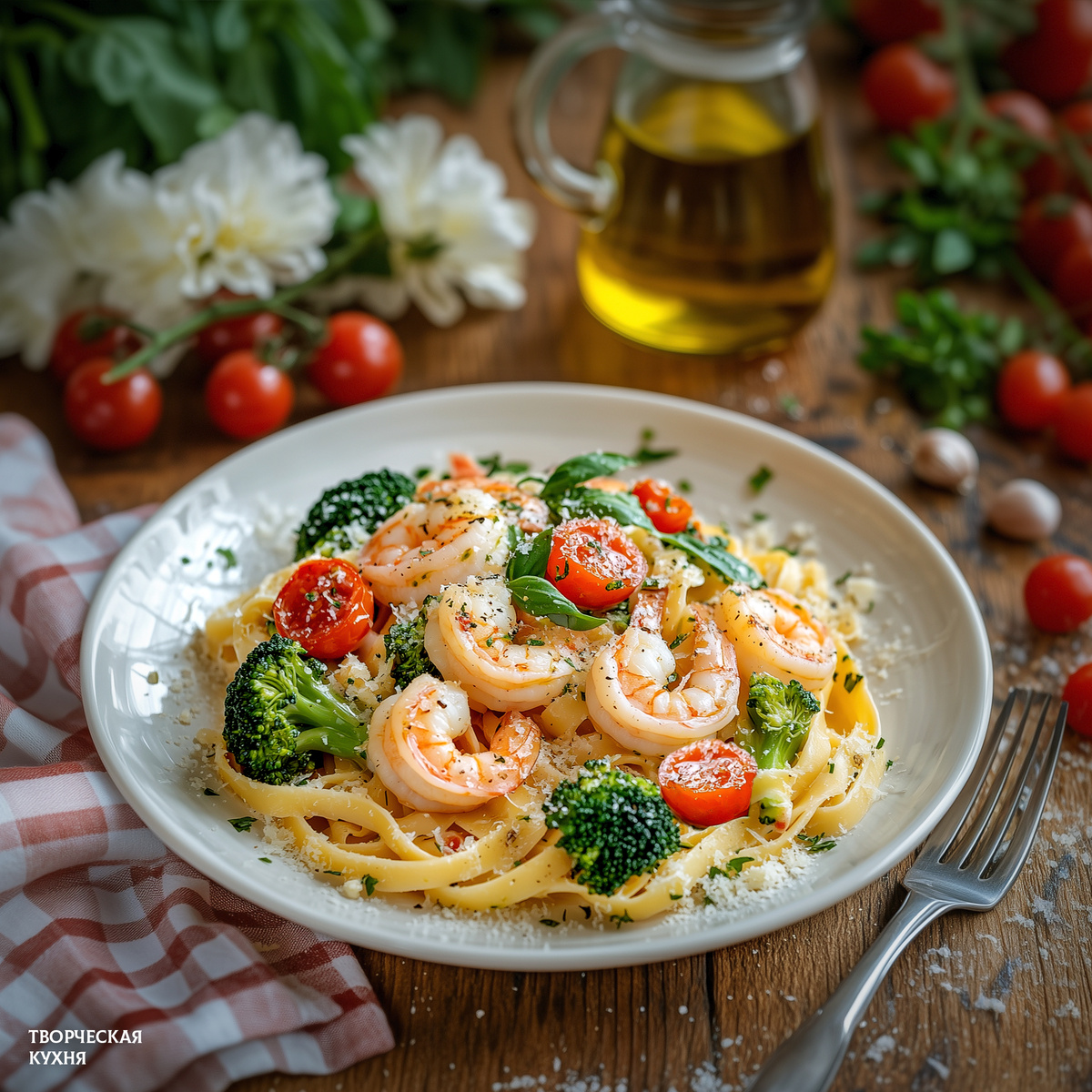 Нежная паста с креветками и ароматным чесночно-сливочным соусом