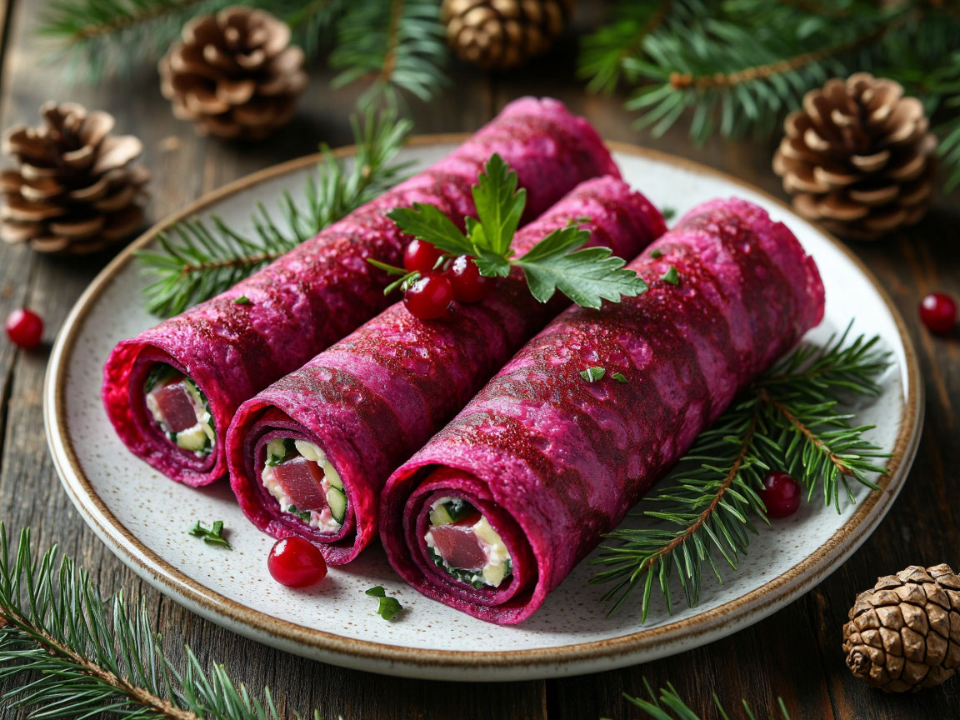 Эстетика на столе: селедка под шубой в свекольных рулетах для новогоднего стола